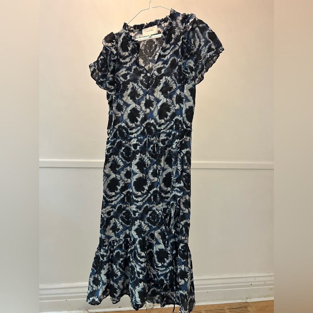 Blue and White V-Neck Flutter Sleeve Midi Sundress